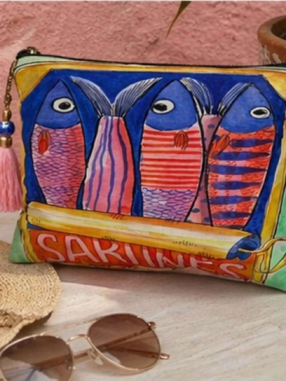 Colorful Sardine Fish Cosmetic Pouch Statement Makeup Bag Coastal Travel Case